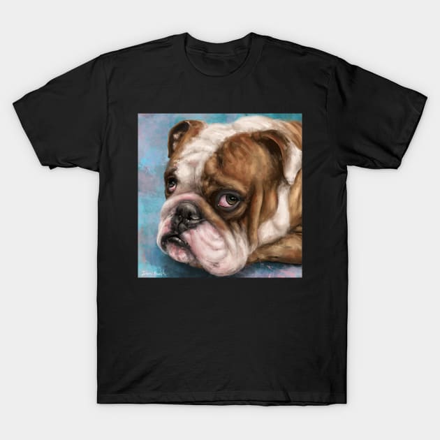 Painting of a Brown and white Bulldog with a Sad Face on Blue Background T-Shirt by ibadishi